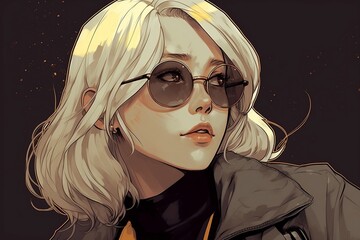 Wall Mural - a girl with sunglasses, in the style of noir comic art, anime aesthetic monochromatic minimalist portrait. generative AI