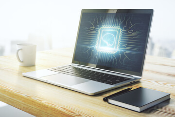 Wall Mural - creative artificial intelligence concept with human brain sketch on modern laptop monitor. 3d render