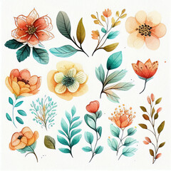 Wall Mural - set of flowers and leaves, watercolor style generative ai