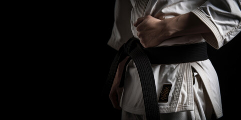 Black Belt Warriors: Person in Kimono and Black Belt on Black Background with Space for Text. Martial Arts Discipline Concept AI Generative