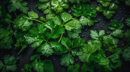 Fresh cilantro with water drops on dark background, top view. AI Generative