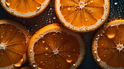 Fresh oranges with water drops on dark background, top view. AI Generative