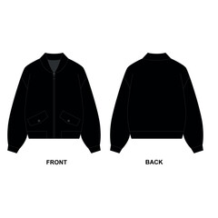 Wall Mural - Technical drawing of the jacket with front zip and buttoned side pockets. Fashion jacket template - bomber, front and back view. Sketch of a women's spring-summer jacket in black.