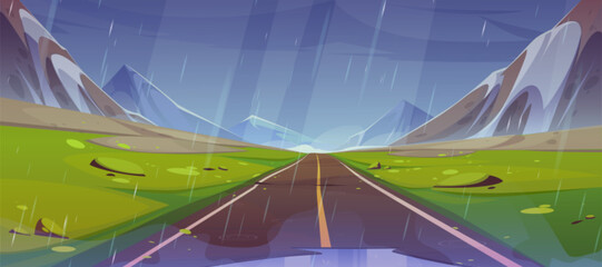 Wall Mural - Road and mountain view rainy cartoon landscape. Blue sky and green grass on straight way to horizon. Empty summer journey path scene with alps for game adventure. Outdoor asphalt freeway and mountains