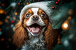 cheerful happy dog ​​in Santa's hat at Christmas near the Christmas tree Generative AI