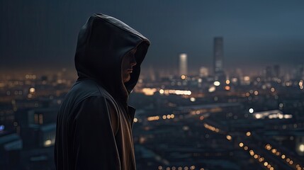 Wall Mural - A faceless thief in unrecognizable hoodie standing in the middle of the night in front of the city concept. Generative Ai.