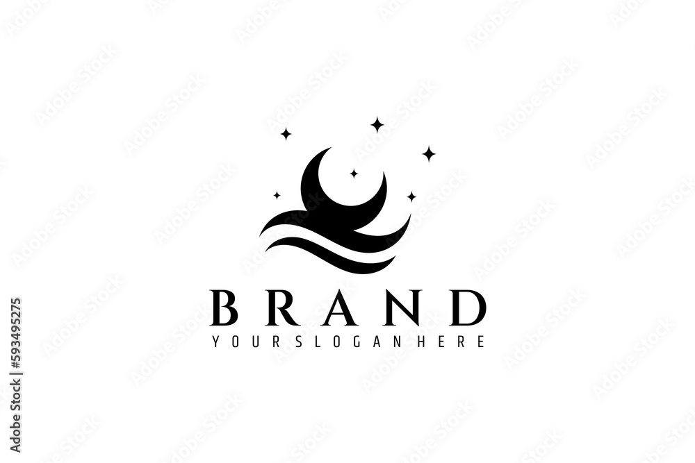 Crescent moon logo decorated with stars with water waves in silhouette ...