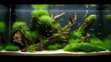 A captivating nature aquarium illustration with underwater plants, driftwood, rocks, and fish, showcasing a harmonious aquascape design. Generative AI