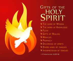 Wall Mural - Gifts of th Holy Spirit, Pentecost Sunday holiday banner. Holy Spirit dove in flame and text 1 Corinthians 12:8-10, invitation design for worship service or poster. Vector illustration