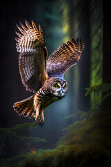 Sticker - Image of owl flying in the air with its wings spread out. Generative AI.