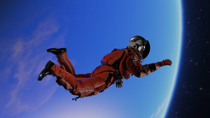 Wall Mural - flight of astronaut cosmonaut in space. cosmic weightlessness, gravity, falling man into galactic ab