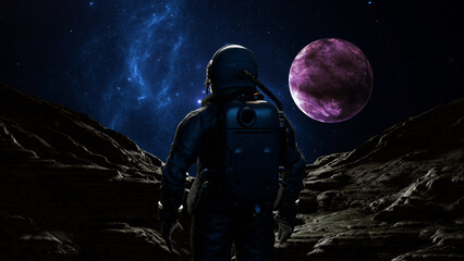 Wall Mural - astronaut cosmonaut discovery of new worlds of galaxies panorama, fantasy portal to far universe. as