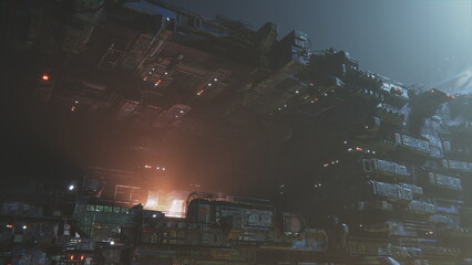 Wall Mural - space city station at night, cyberpunk ghetto. big city base on an industrial planet. apartments and