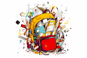 Sticker - Yellow backpack with bunch of books on it and bunch of papers all over it. Generative AI.