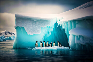 Poster - Group of penguins standing on iceberg in body of water. Generative AI.