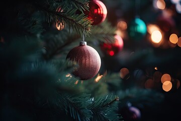 Close up view of beautiful fir branches with shiny colorful bauble or ball, xmas ornaments and lights, christmas holidays background. Generative Ai.