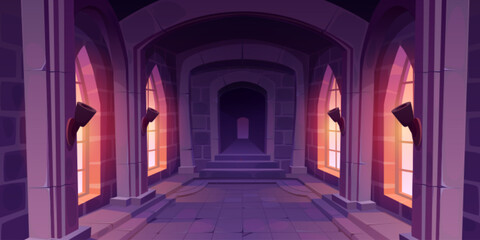 Wall Mural - Cartoon castle hallway interior design. Vector illustration of corridor perspective inside medieval palace with large gothic windows, stone walls and floor, mysterious dark doorway. Path to dungeon