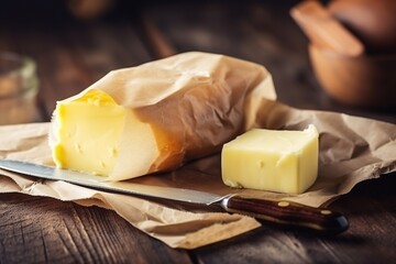 Piece of farm butter on craft paper on wooden kitchen background. Natural organic food. Generative AI