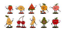 Vector Set Of Cartoon Retro Mascot Colored Illustrations Of Walking Fruits And Berries. Vintage Style 30s, 40s, 50s Old Animation. The Clipart Is Isolated On A White Background.