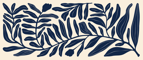 Matisse art background vector. Abstract natural hand drawn pattern design with blue leaves, branches. Simple contemporary style illustrated Design for fabric, print, cover, banner, wallpaper.