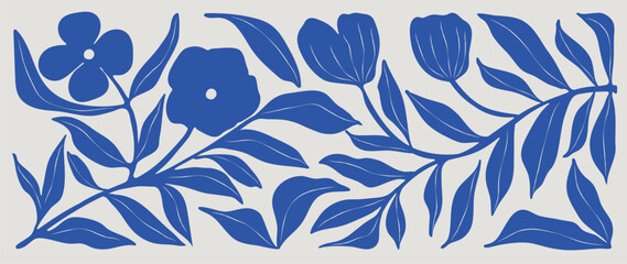 Matisse art background vector. Abstract natural hand drawn pattern design with blue leaves, branches. Simple contemporary style illustrated Design for fabric, print, cover, banner, wallpaper.