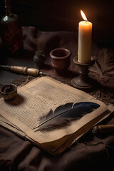 Wall Mural - Quill pen and inkwell on old parchment paper. Vintage style. ai generated