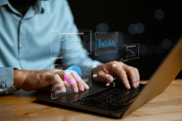 Fototapete - Analyst working in Business Analytics and Data Management System to make report with KPI and metrics connected to database. Corporate strategy for finance, operations, sales, marketing.