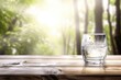 Background with a glass of fresh water on a wooden table and a blurred nature trees at the back Generative AI Illustration