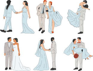 Wall Mural - Wedding set. Bride and groom in different poses. Vector illustration