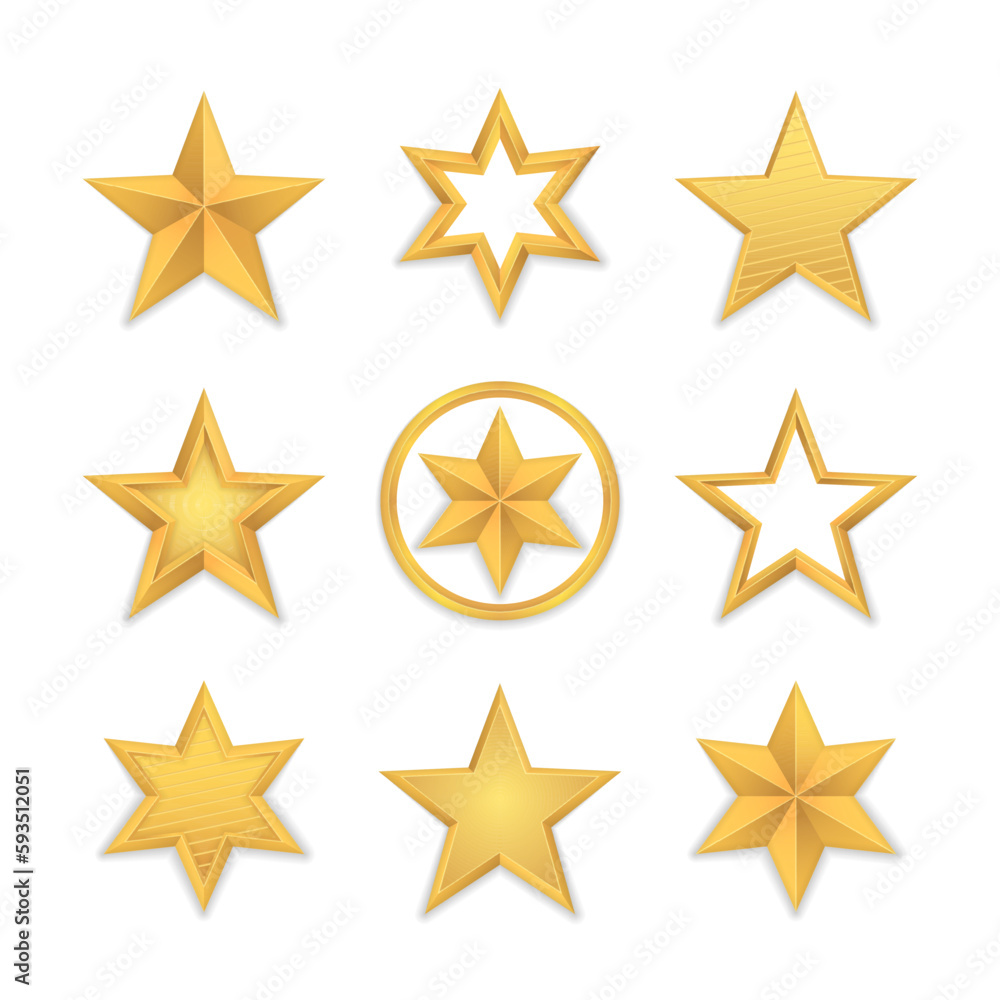 Shiny yellow metal badge or medal template. Set of realistic golden 3D star. Glossy Christmas yellow 3D star trophy icon. Leadership symbol. Design elements for holidays. Vector illustration, eps 10.