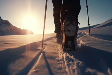 Poster - backpack in snowshoes climbs a snowy mountain, winter trekking, hiking equipment. Generative Ai.