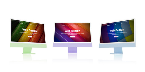 Poster - Colorful displays on a desk, showcasing a unique web design studio concept web page. Creativity, digital rendering, and modern web design concept