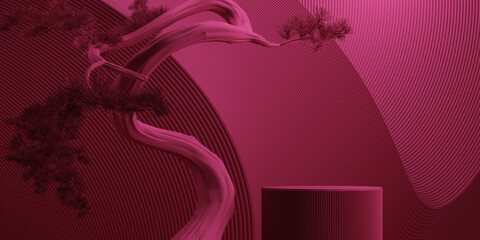 Wall Mural - 3d podium and bonsai tree abstract background. 3d japanese style viva magenta color background conce