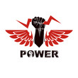 Raised strong clenched fist composed with lightning, winged logo. Boxing club abstract emblem can be used as tattoo.