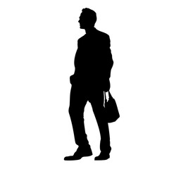 silhouette people of a slim young casual man full length profile standing, black color isolated on transparent png background Generative ai