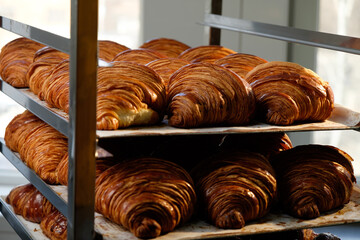 Close up shoot of freshly baked croissants are in tray after leaving the oven for customers on breakfast in a commercial kitchen