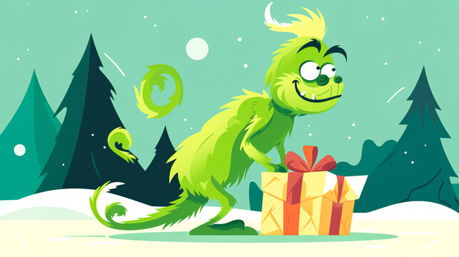 Illustration with green evil Christmas character, generative AI.
