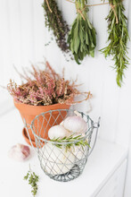 Garlic In Metal Basket With Herbs Hanging On Wall
