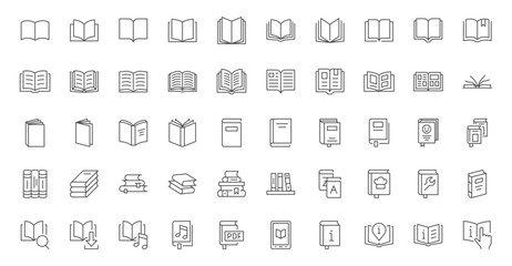 book line icons set. open brochure, magazine, literature, dictionary, audiobook, learning, encyclope