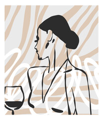 Wall Mural - hand drawn vector abstract graphic line simple,contemporary wall art print with female portrait cont