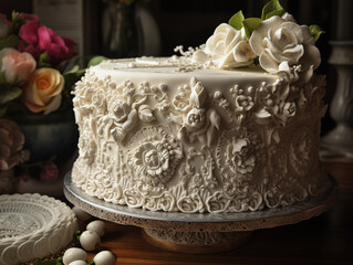  A beautiful wedding cake with intricate frosting and decorations, ai generative