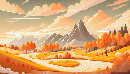 Wall Mural - Autumn valley with trees, rocks, and mountains. Path running through center, Generative AI.