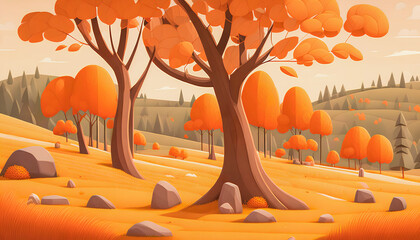 Wall Mural - Autumn valley with trees, rocks, and mountains. Path running through center, Generative AI.