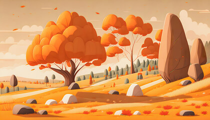 Wall Mural - Autumn valley with trees, rocks, and mountains. Path running through center, Generative AI.