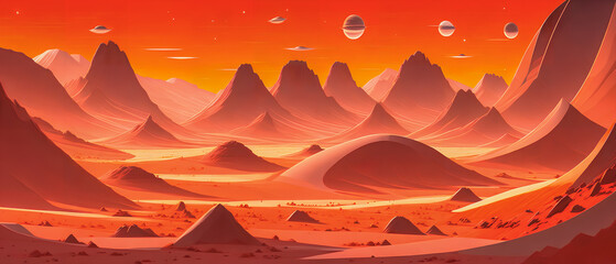 Wall Mural - Red planet with rocky terrain, in a stylized drawing, Generative AI.