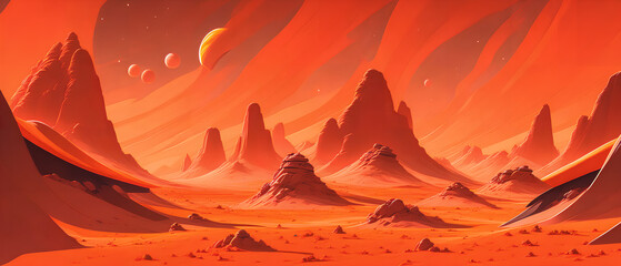 Wall Mural - Red planet with rocky terrain, in a stylized drawing, Generative AI.