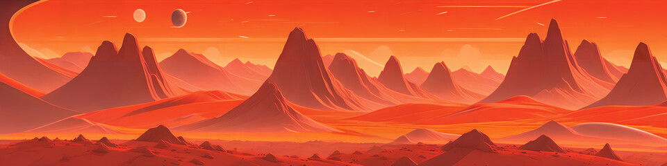 Wall Mural - Red planet with rocky terrain, in a stylized drawing, Generative AI.