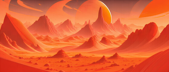 Wall Mural - Red planet with rocky terrain, in a stylized drawing, Generative AI.