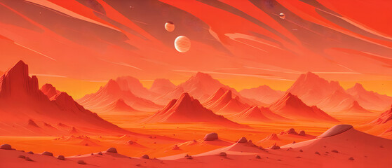 Wall Mural - Red planet with rocky terrain, in a stylized drawing, Generative AI.