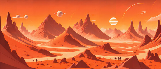 Wall Mural - Red planet with rocky terrain, in a stylized drawing, Generative AI.